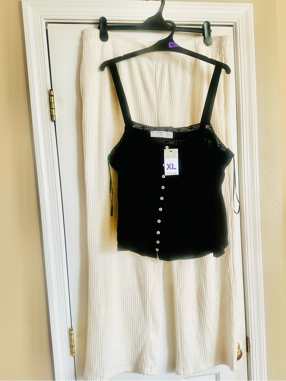 Black Lace-Trim Button-Front Cami Top - XL  with  White XL pants .